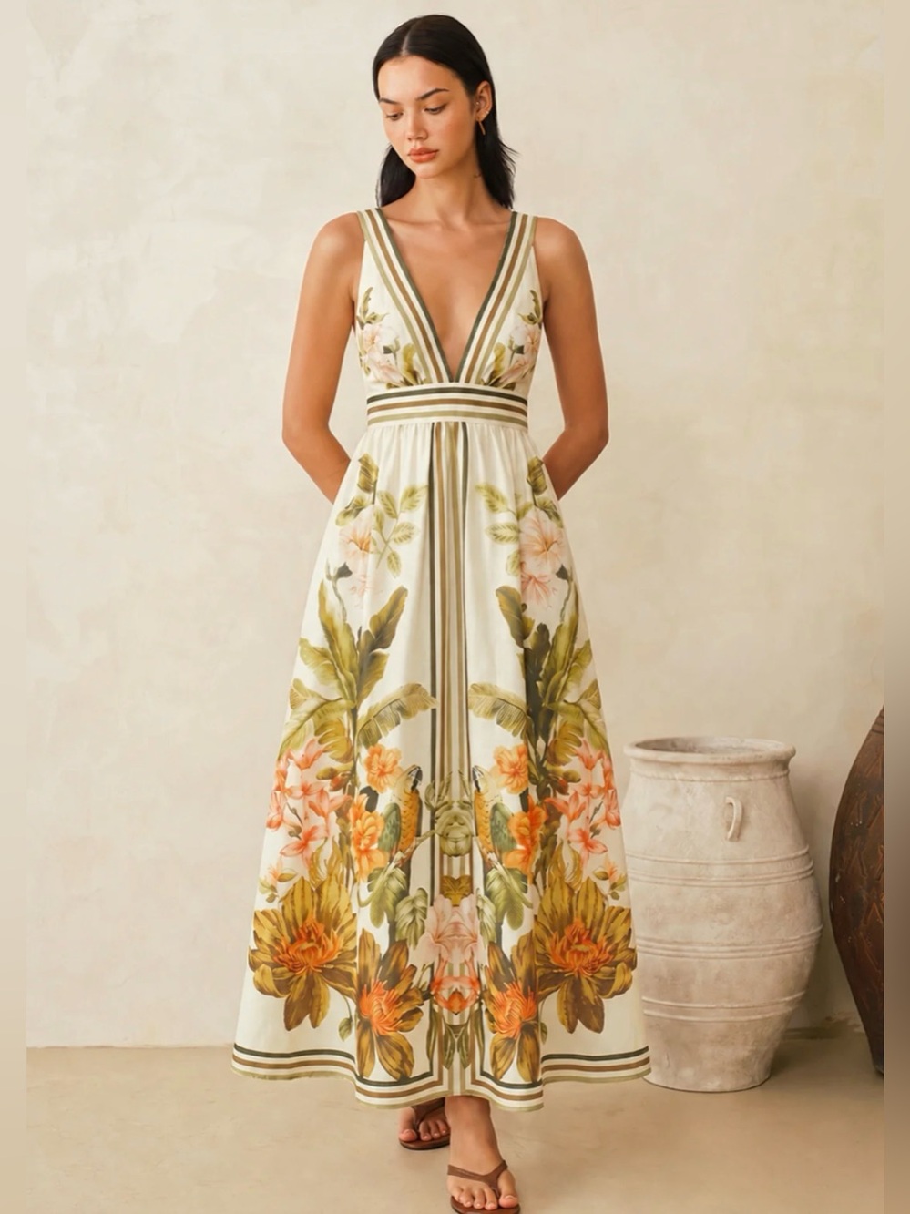 Commense Tropical Floral Print Deep V-Neck Maxi Dress size S - Picture 1 of 9